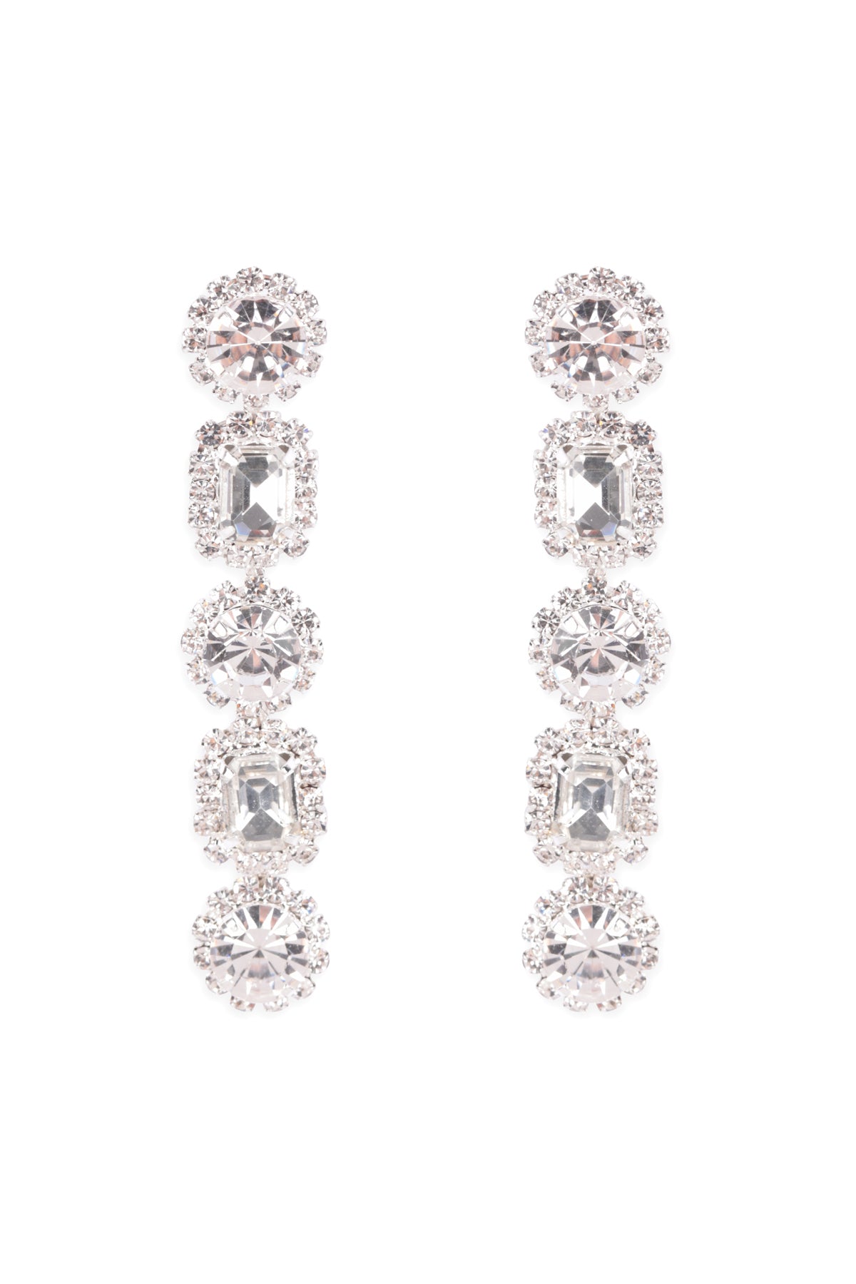 Rhinestone Round Square Shape Drop Post Earrings Crystal Silver