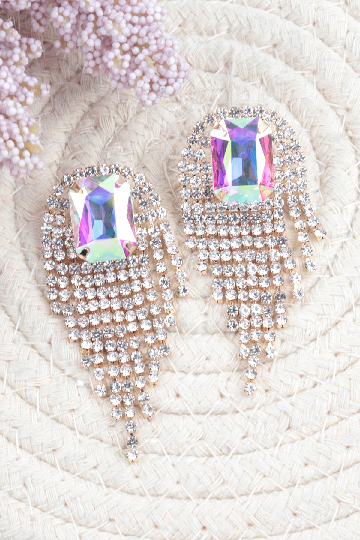 Rhinestone S2uare Fringe Tassel Earrings