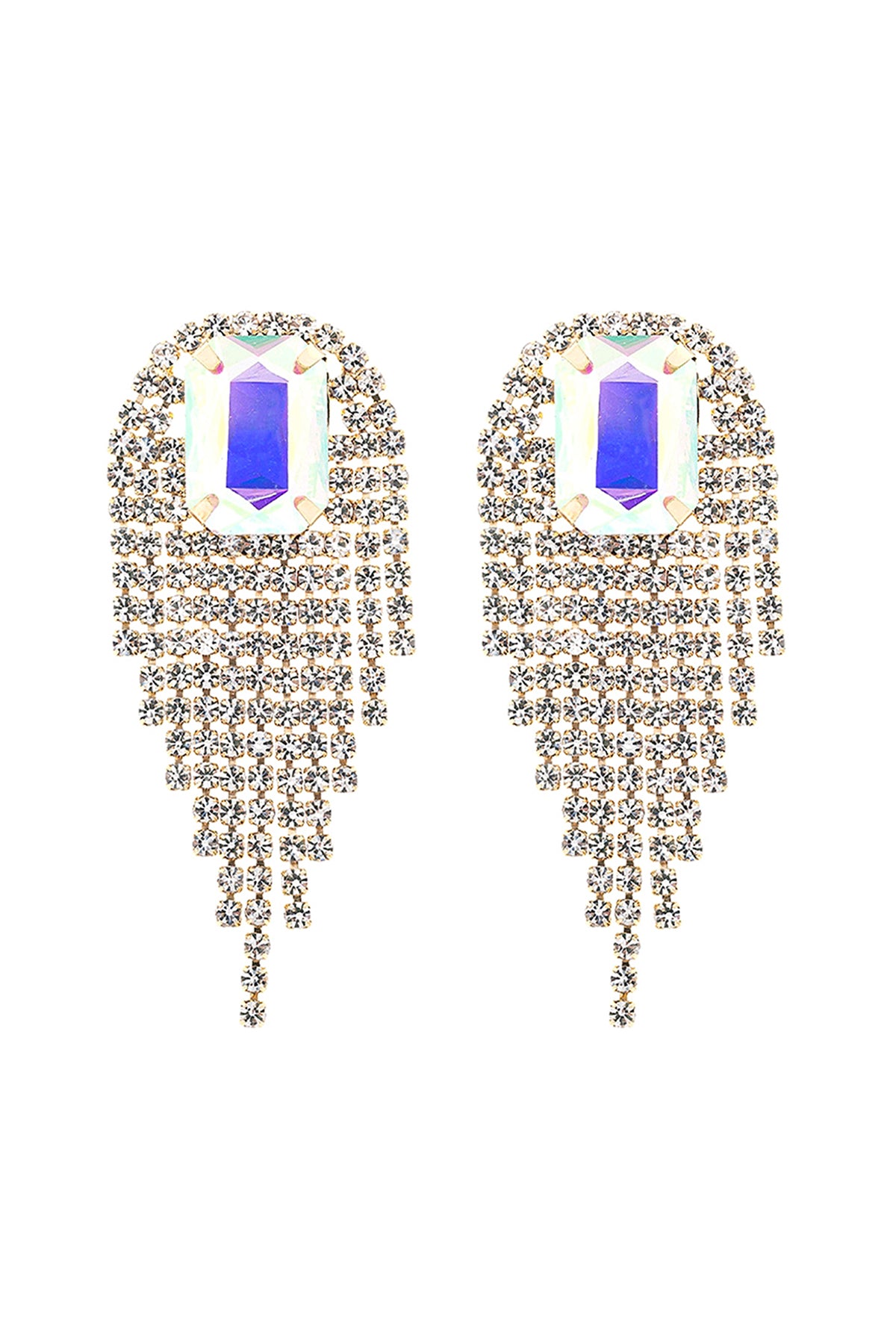 Rhinestone S2uare Fringe Tassel Earrings Ab Gold