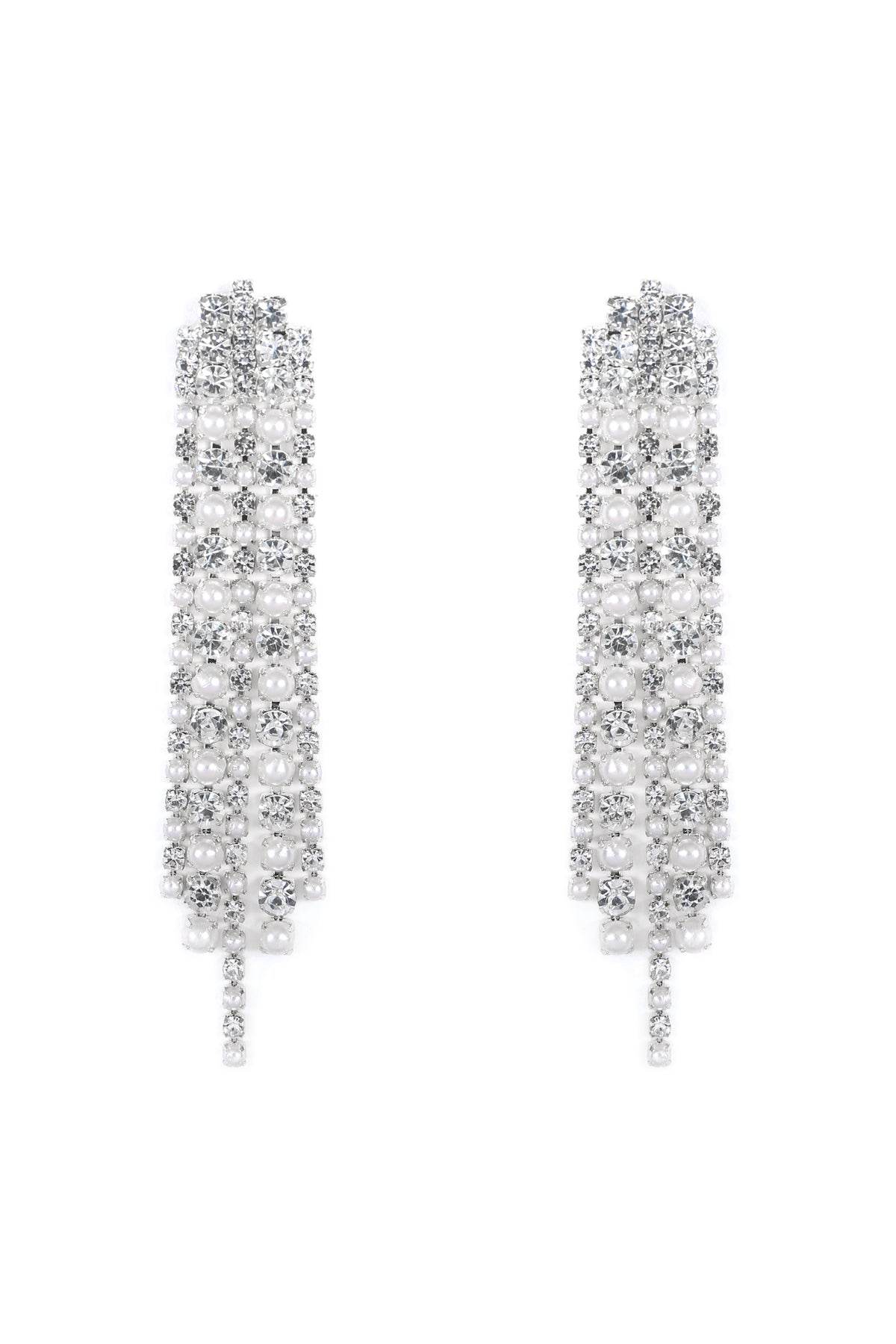 Rhinestone Pearl Line Drop Earrings Crystal Silver