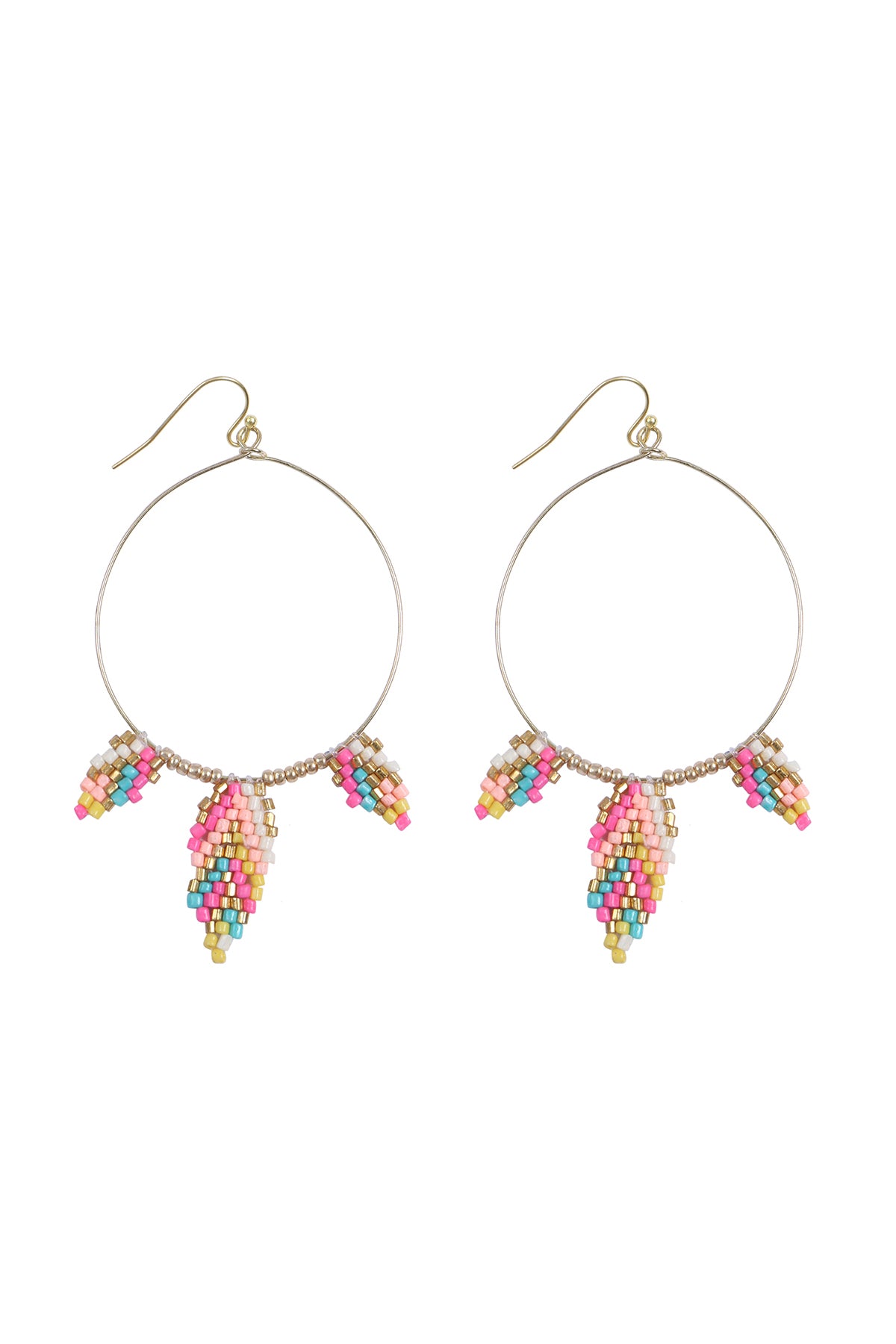 Boho Seed Bead Leaf Shape Hoop Earrings Pink