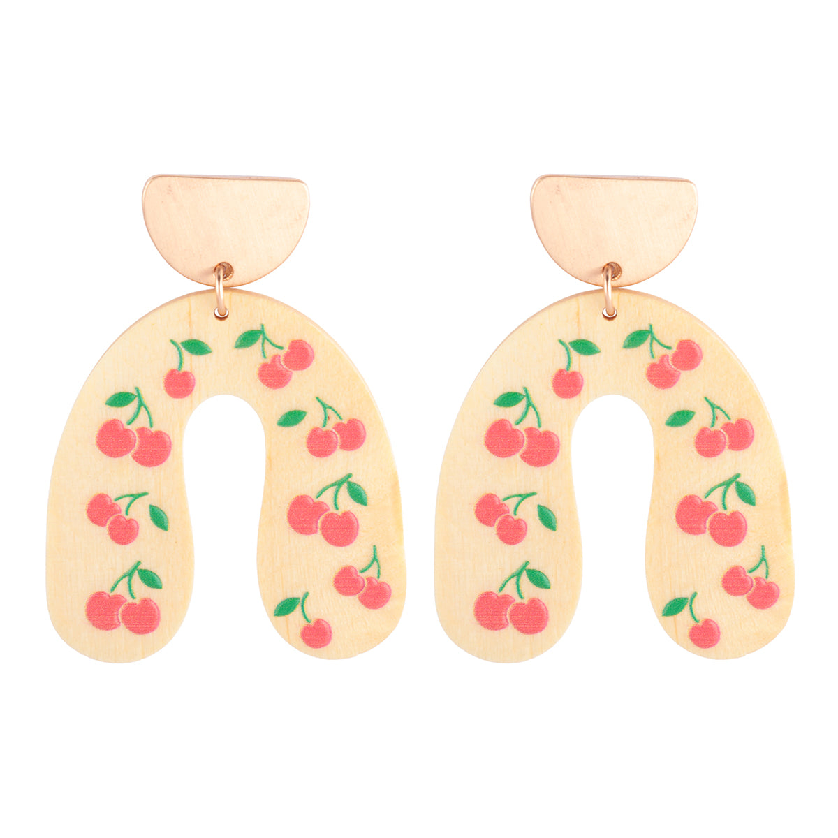 U Shape Wood Cherry Print Post Earrings Ivory