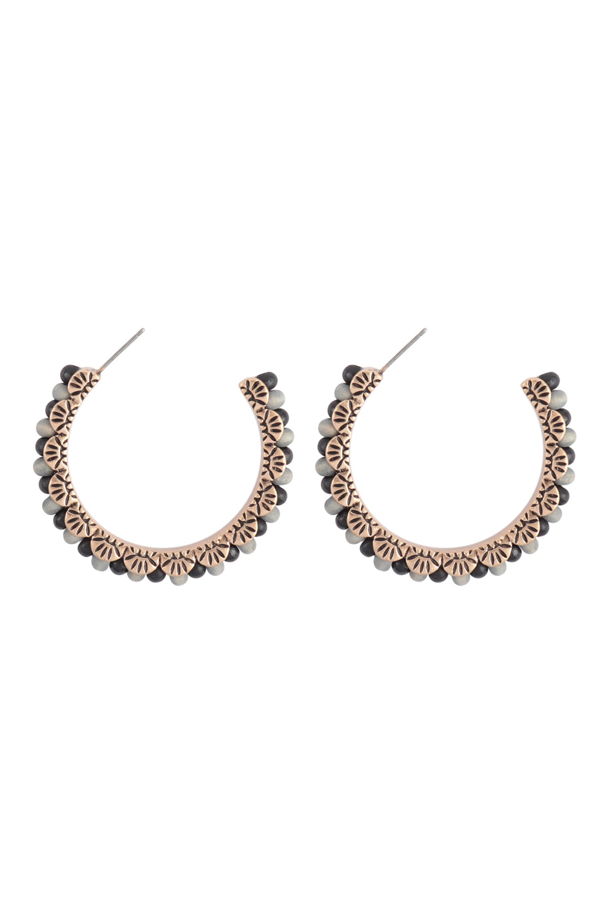 Wood Bead Western Concho Hoop Earrings Black Gray