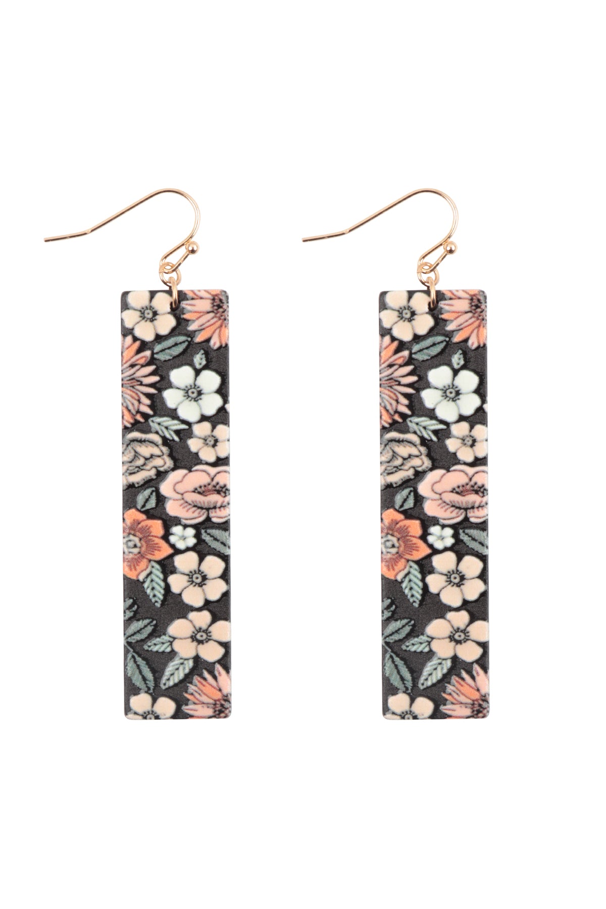 Flower Print Bar Shaped Wood Drop Earrings Black