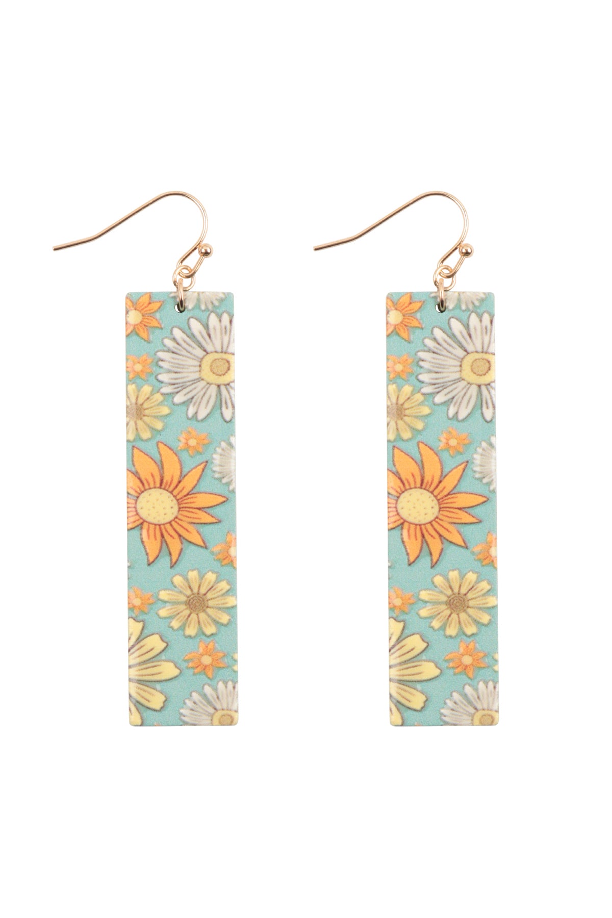 Flower Print Bar Shaped Wood Drop Earrings Mint