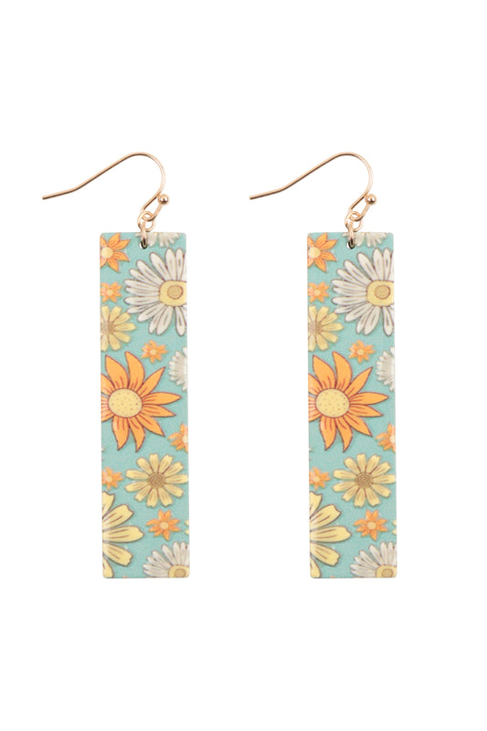 Flower Print Bar Shaped Wood Drop Earrings