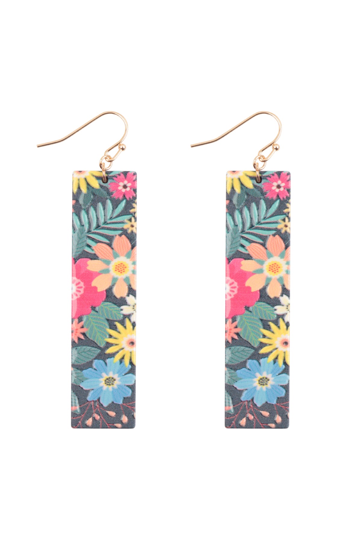 Flower Print Bar Shaped Wood Drop Earrings