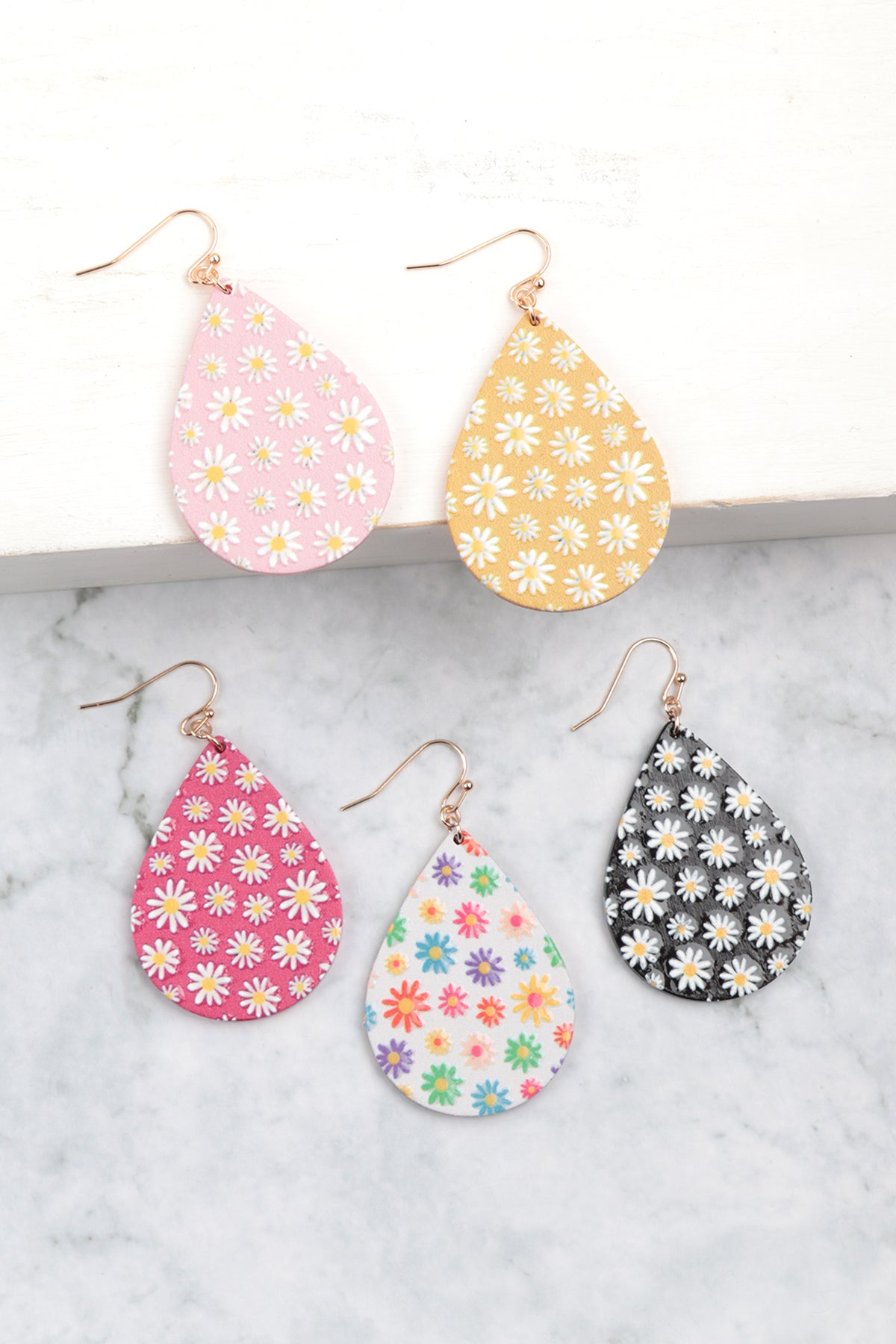 Flower Daisy Print Wood Teardrop Earrings