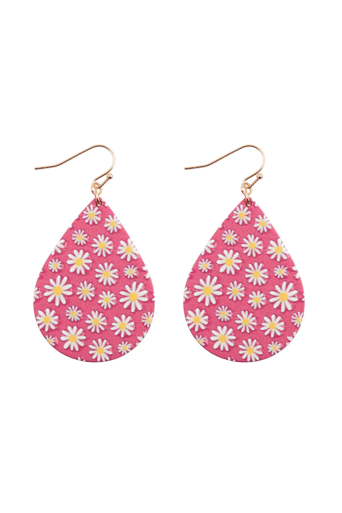 Flower Daisy Print Wood Teardrop Earrings Hot Pink