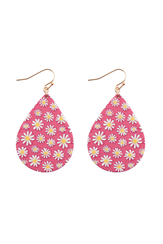 Flower Daisy Print Wood Teardrop Earrings