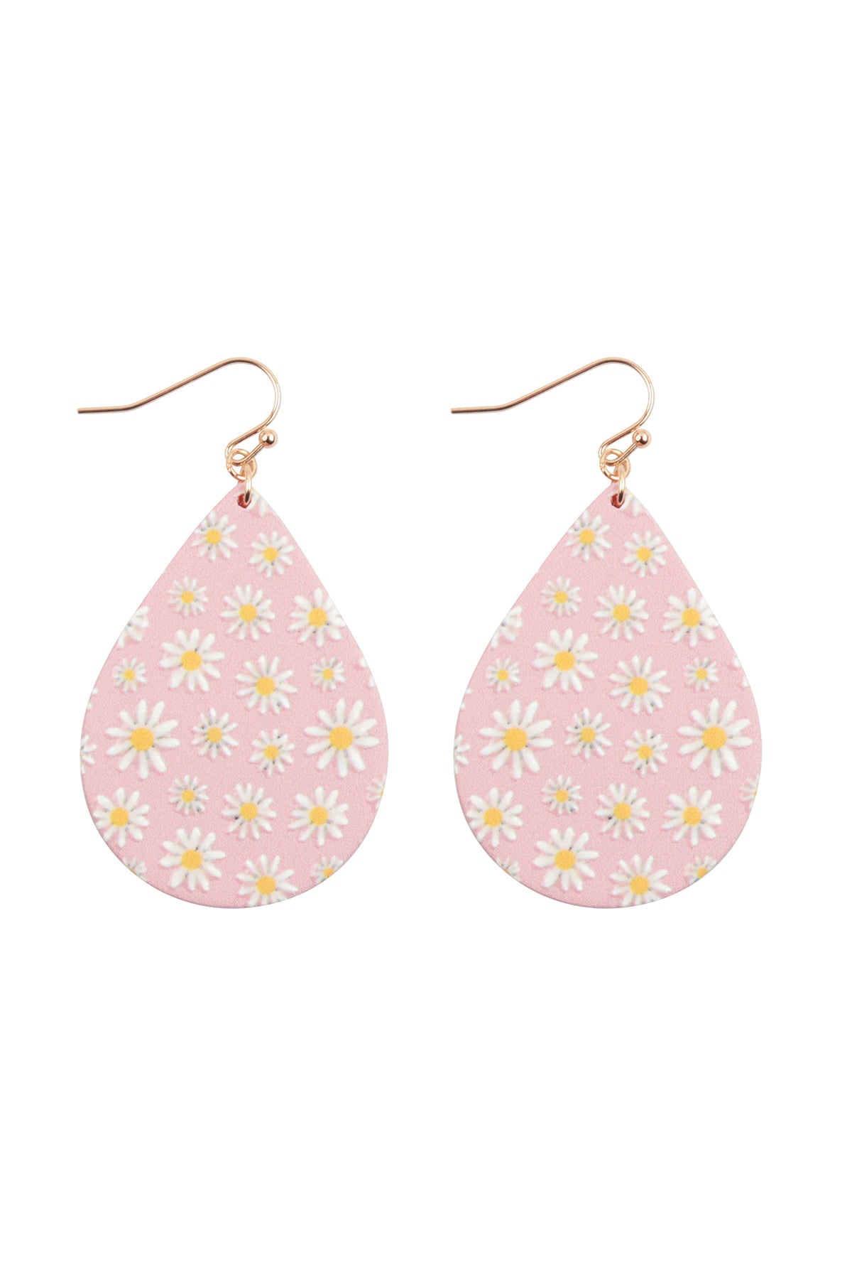 Flower Daisy Print Wood Teardrop Earrings Pink