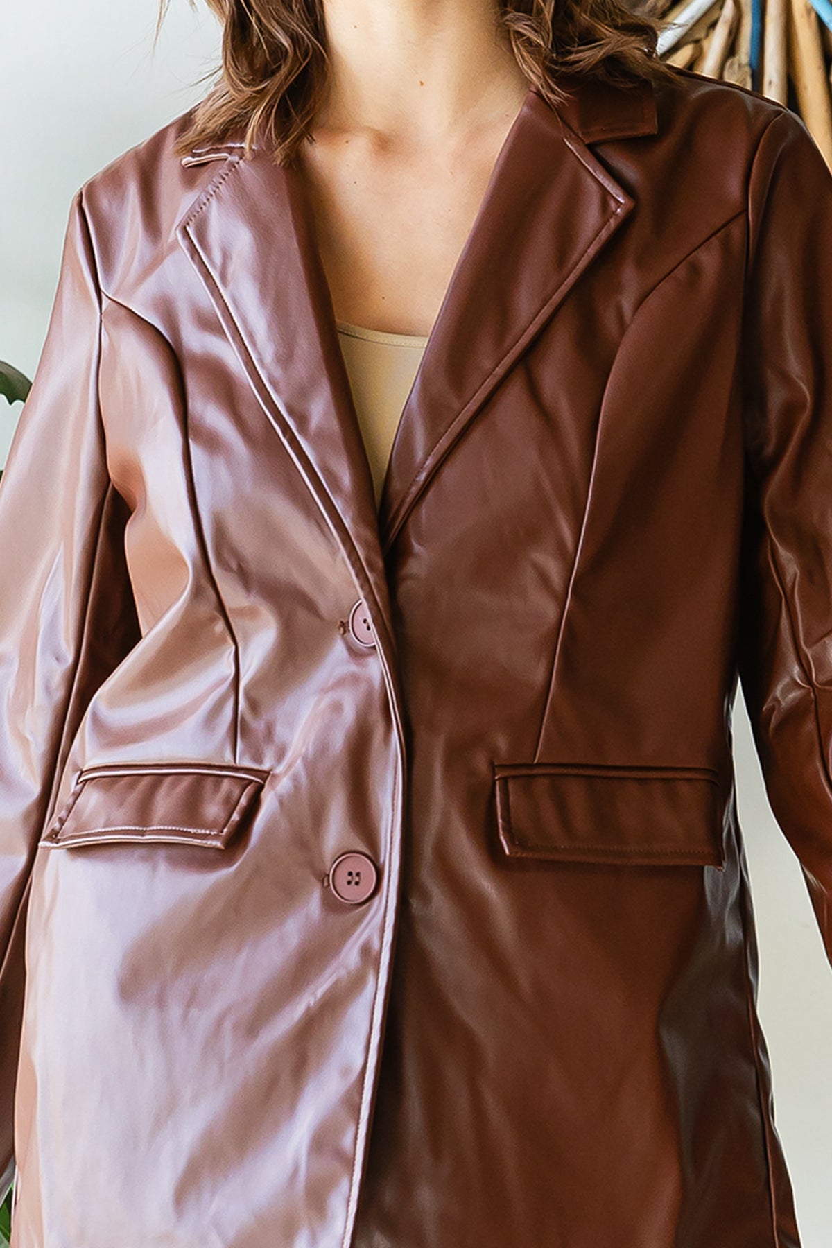 Faux Leather Double-Breasted Blazer Jacket