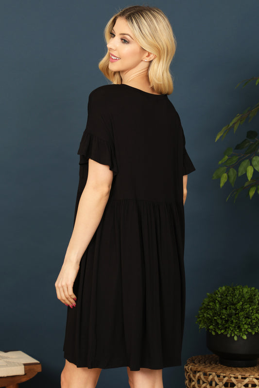 Ruffle Sleeve Front Pocket Solid Dress