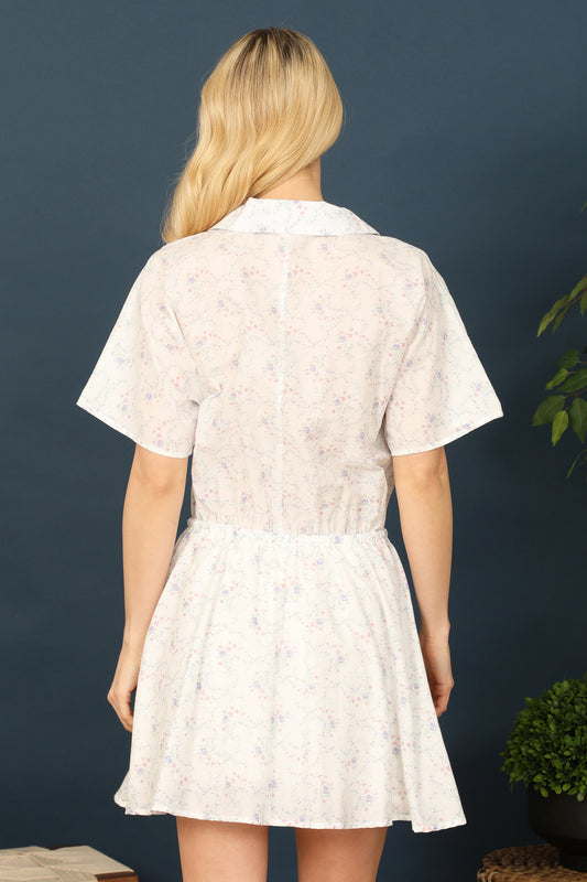 Half Sleeve Button Detail Tie Waist Mini Dress