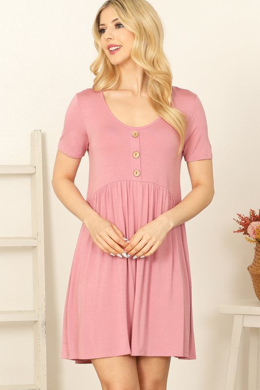 Short Sleeve Scoop Neck Button Detail Mini Dress