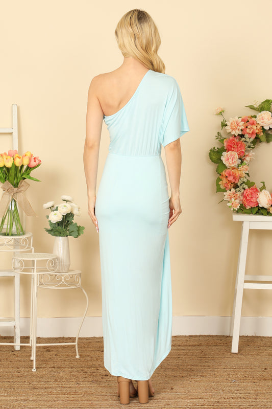 One Shoulder Half Sleeve Ruched Wrap Front Midi Dress