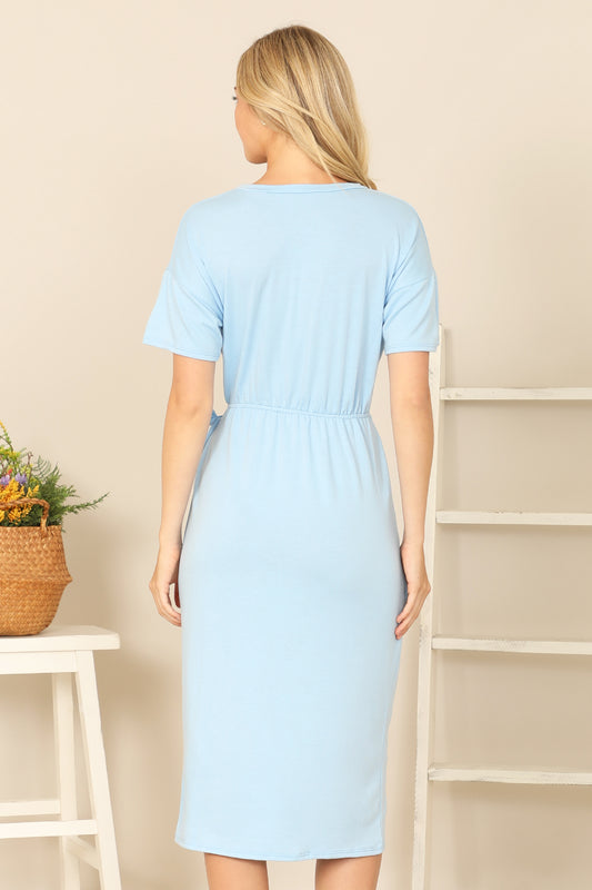 Short Sleeve Waist Tie Wrap Hem Solid Dress