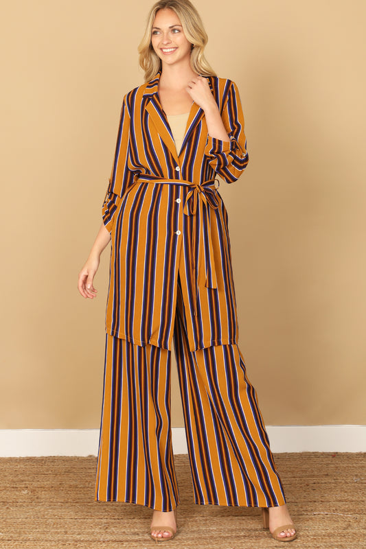 Striped Belted Duster Cardigan with Wide Leg Pants Set