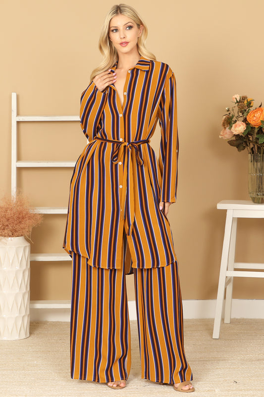 Striped Button-Front Belted Duster & Wide Leg Pants Set