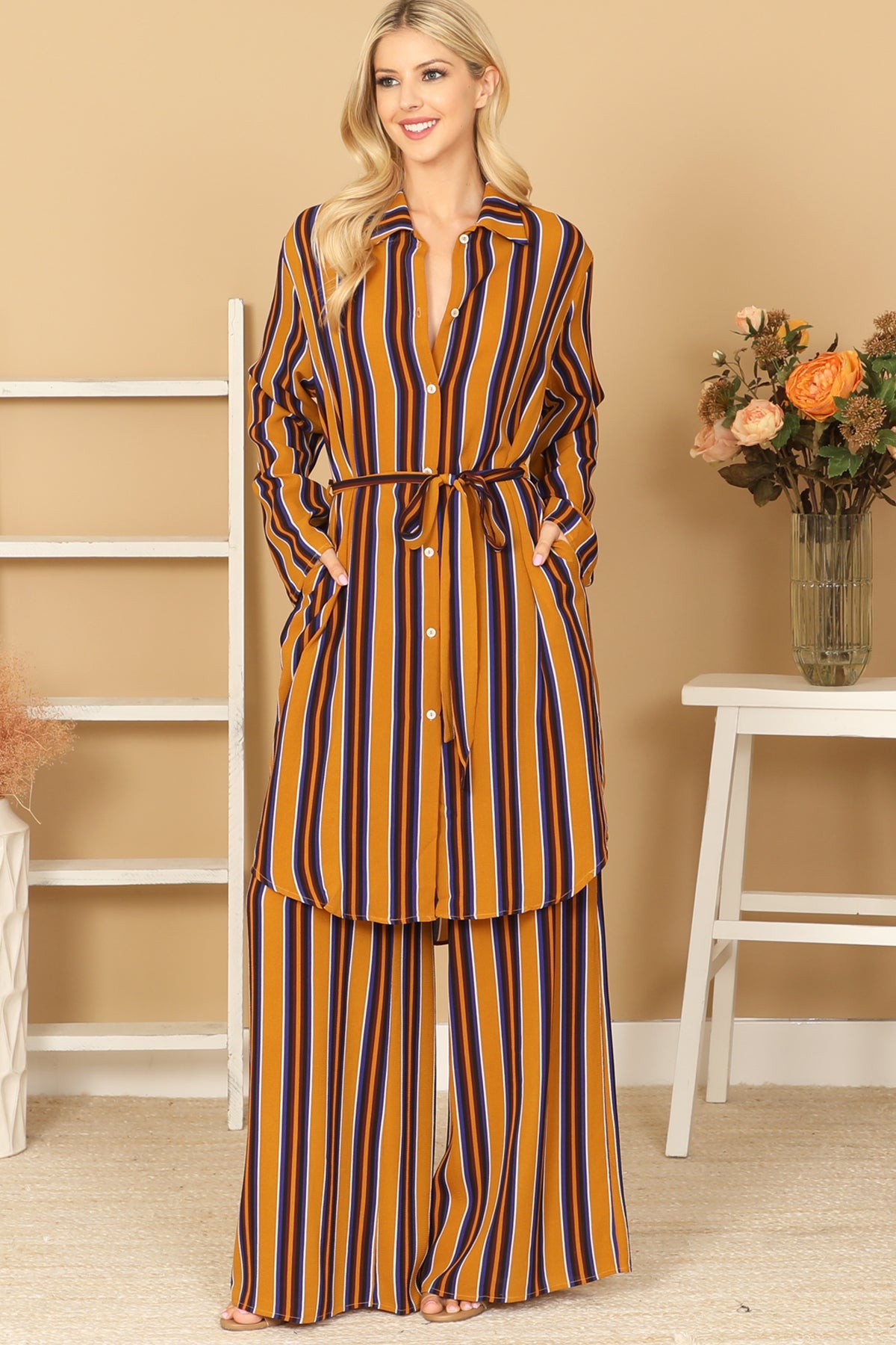 Striped Button-Front Belted Duster & Wide Leg Pants Set