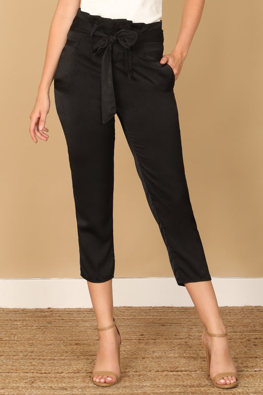 High Waist Paperbag Tie Waist Cropped Satin Pants