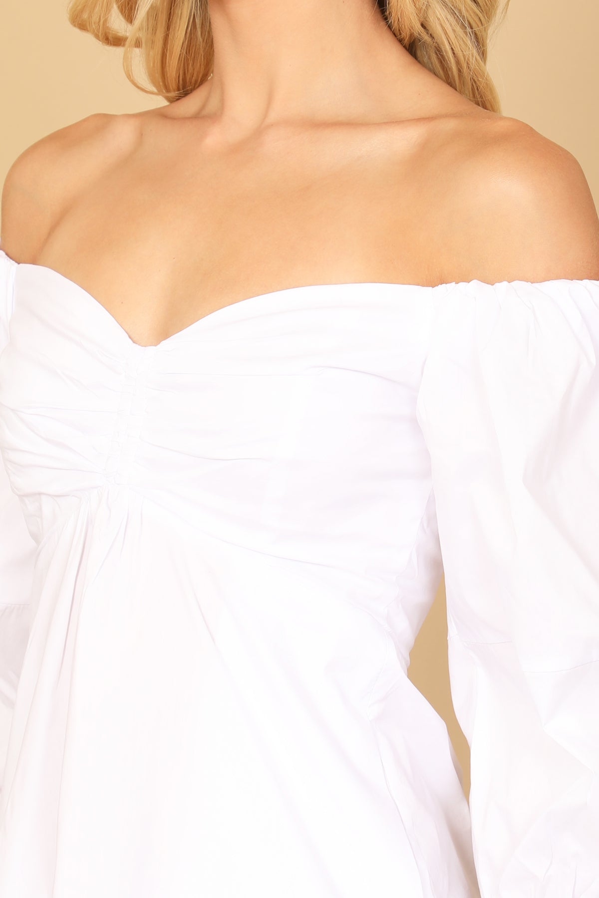 Off Shoulder Ruched Front Curve Hem Solid Mini Dress