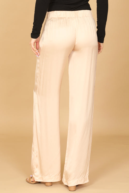 Satin Elastic Waist Wide Leg Pants with Pockets