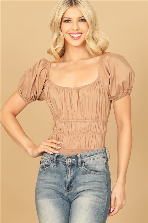 Solid Square Neck Puff Sleeve Smocked Bodysuit