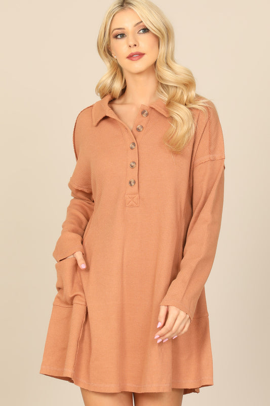 Long Sleeve Collared Button Detail Textured Mini Dress