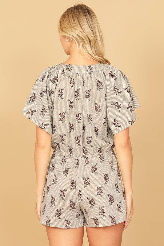 Butterfly Sleeve Button Waist Tie Stripe Floral Romper