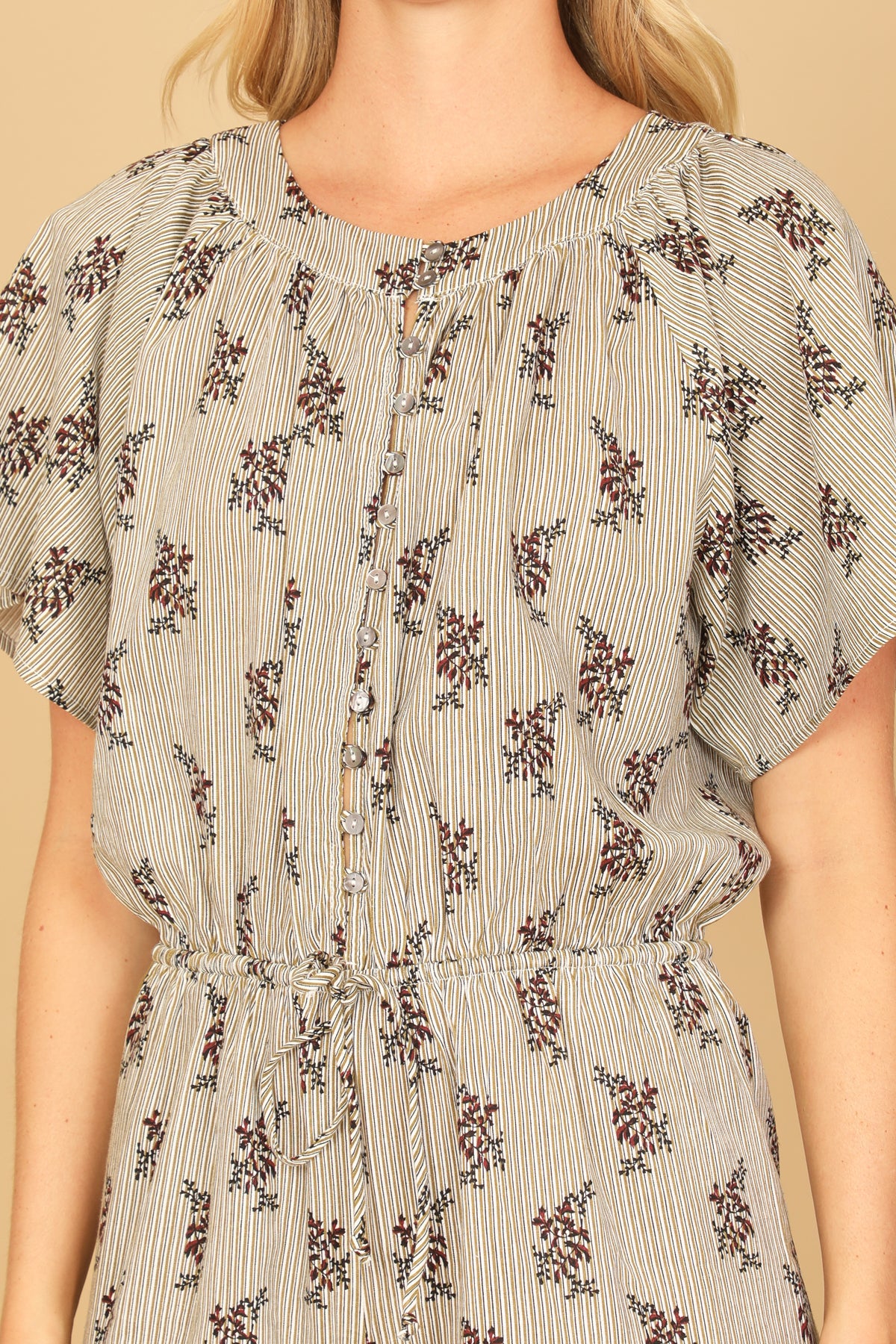 Butterfly Sleeve Button Waist Tie Stripe Floral Romper