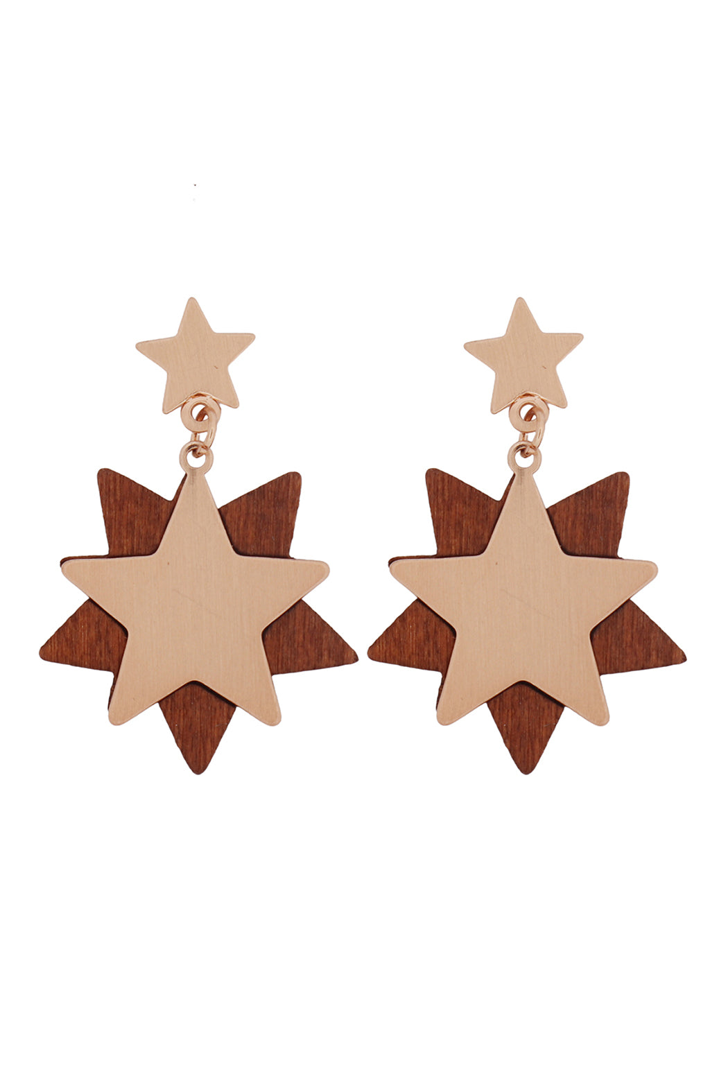 Starry Wood Dangle Post Earrings Brown Gold