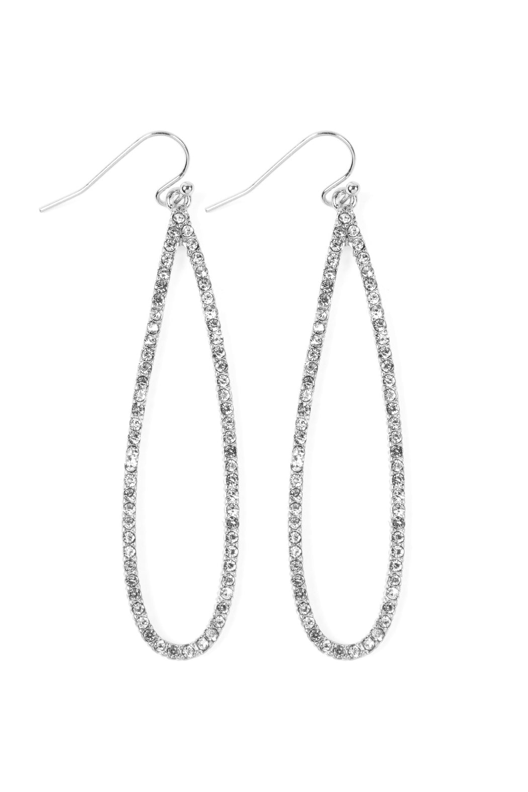 Pave Long Teardrop Fish Hook Earrings Silver Crystal