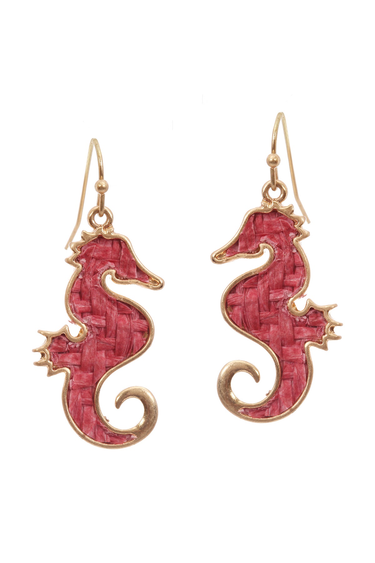 Straw Sealife Seahorse Fish Hook Earrings Fuchsia