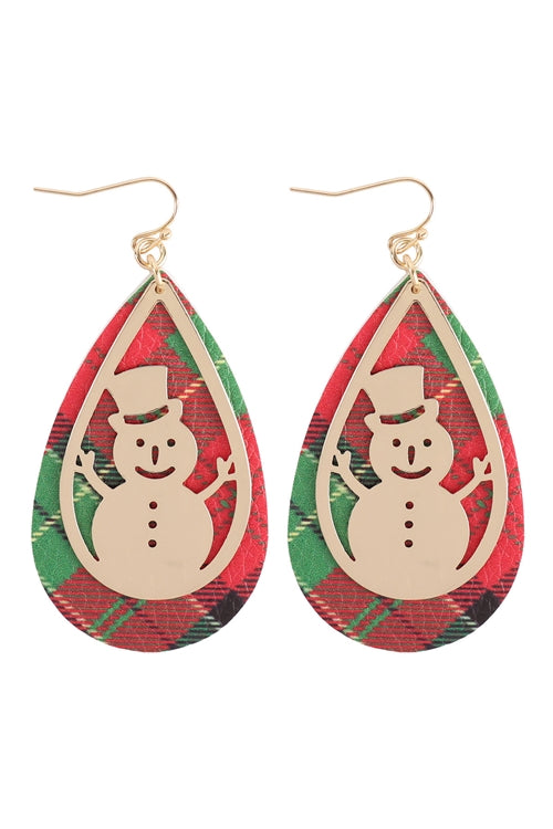 Christmas Snowman Metal Leather Layered Fish Hook Earrings Red