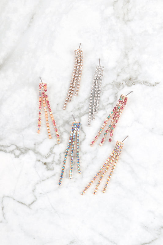Rhinestone Line Fringe Drop Earrings Gold Crystal