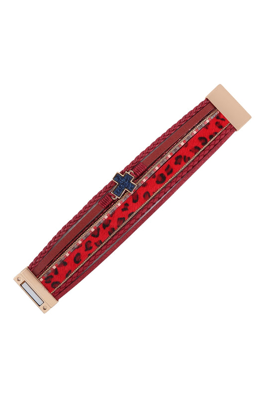 Leopard Print Leather Braided Cross Stone Bracelet
