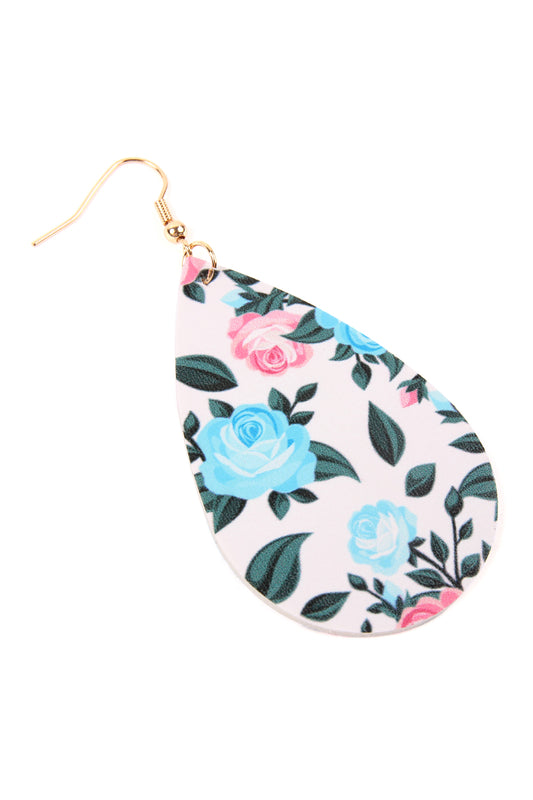 Blue Teardrop Floral Leather Earrings