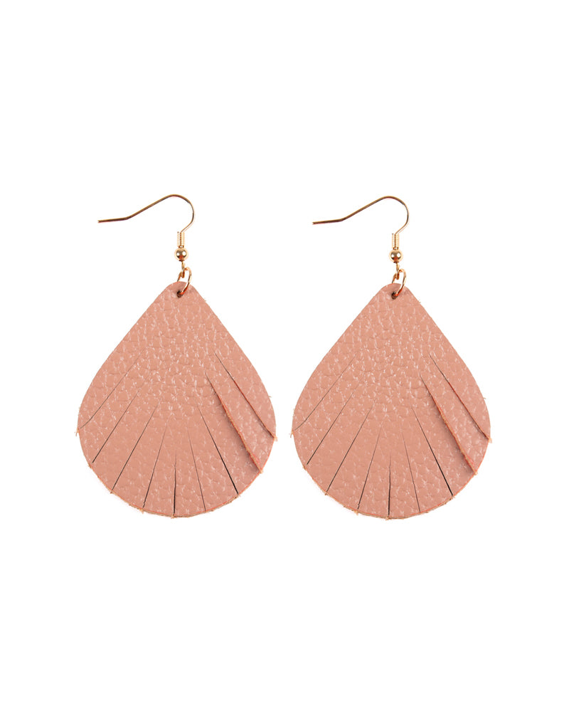 Dusty Pink Fringed Pear Shape Leather Earrings
