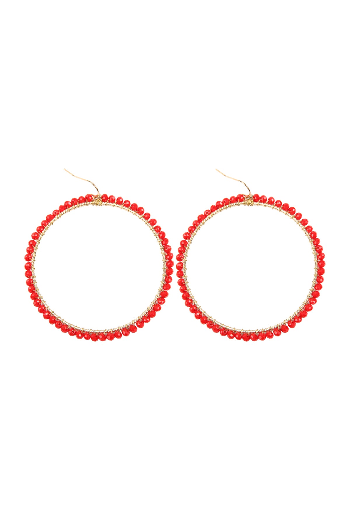 Red Wire Hoop With Glass Beads Hook Earrings