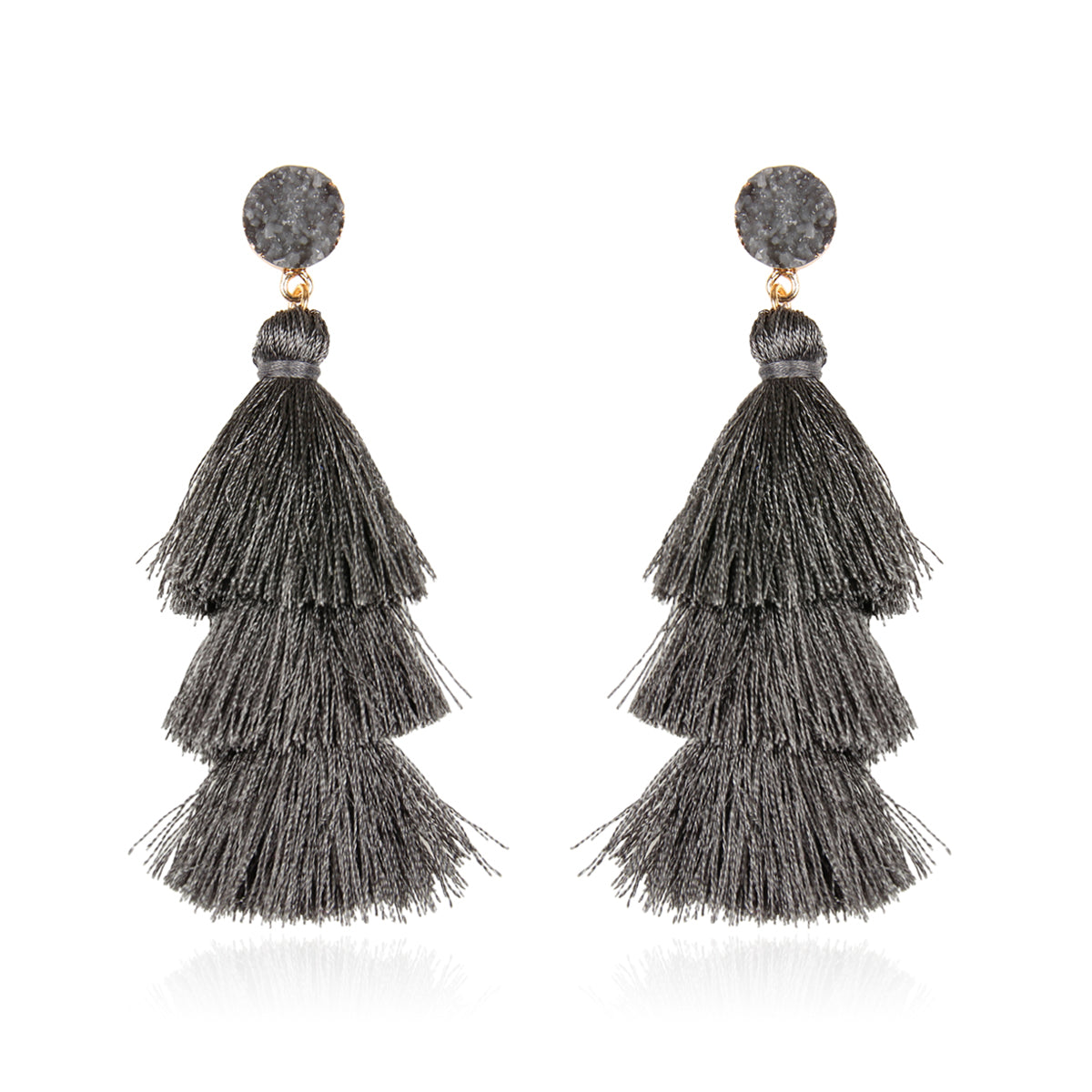 Gray Druzy Post Tassel Drop Earrings