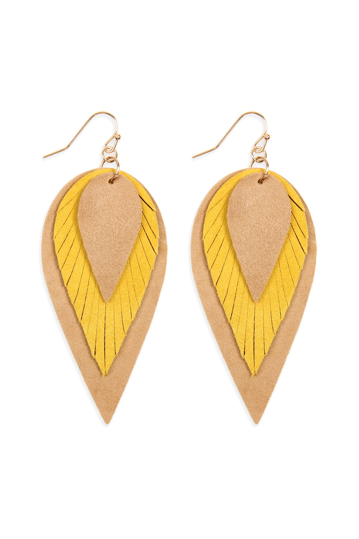 Mustard 3 Layers Leather Reverse Teardrop Earrings