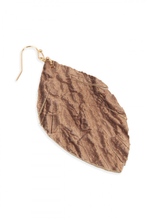 Brown Fringed Crumpled Marquise Leather Earrings