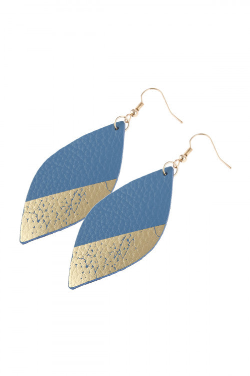Gold Blue Marquise Leather Drop Fish Hook Earrings