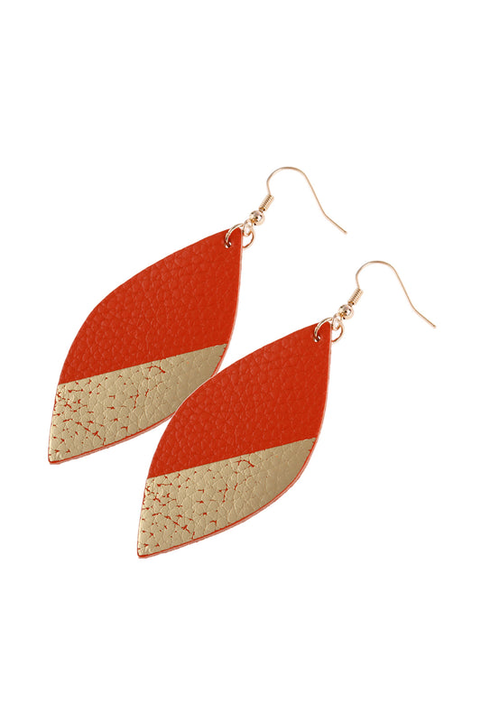 Gold Orange Marquise Leather Drop Fish Hook Earrings