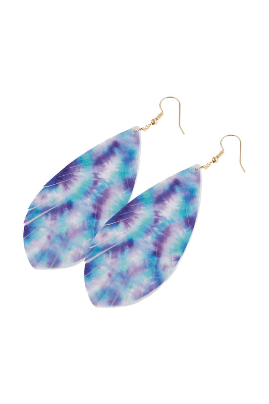 Abtract Blue Violet Printed Leather Tassel Hook Earrings