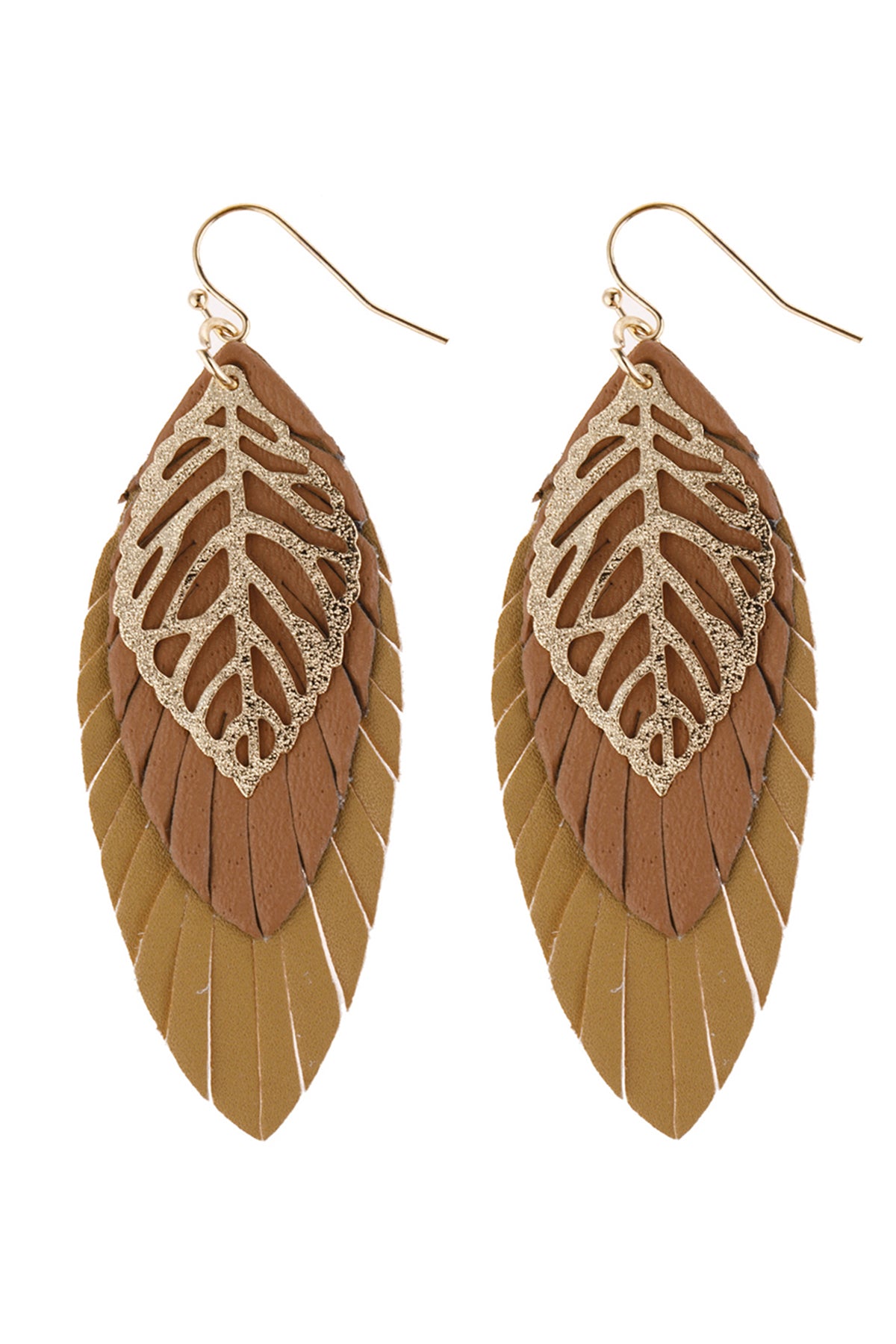 Brown Leaf Layered Fringed Leather Earrings