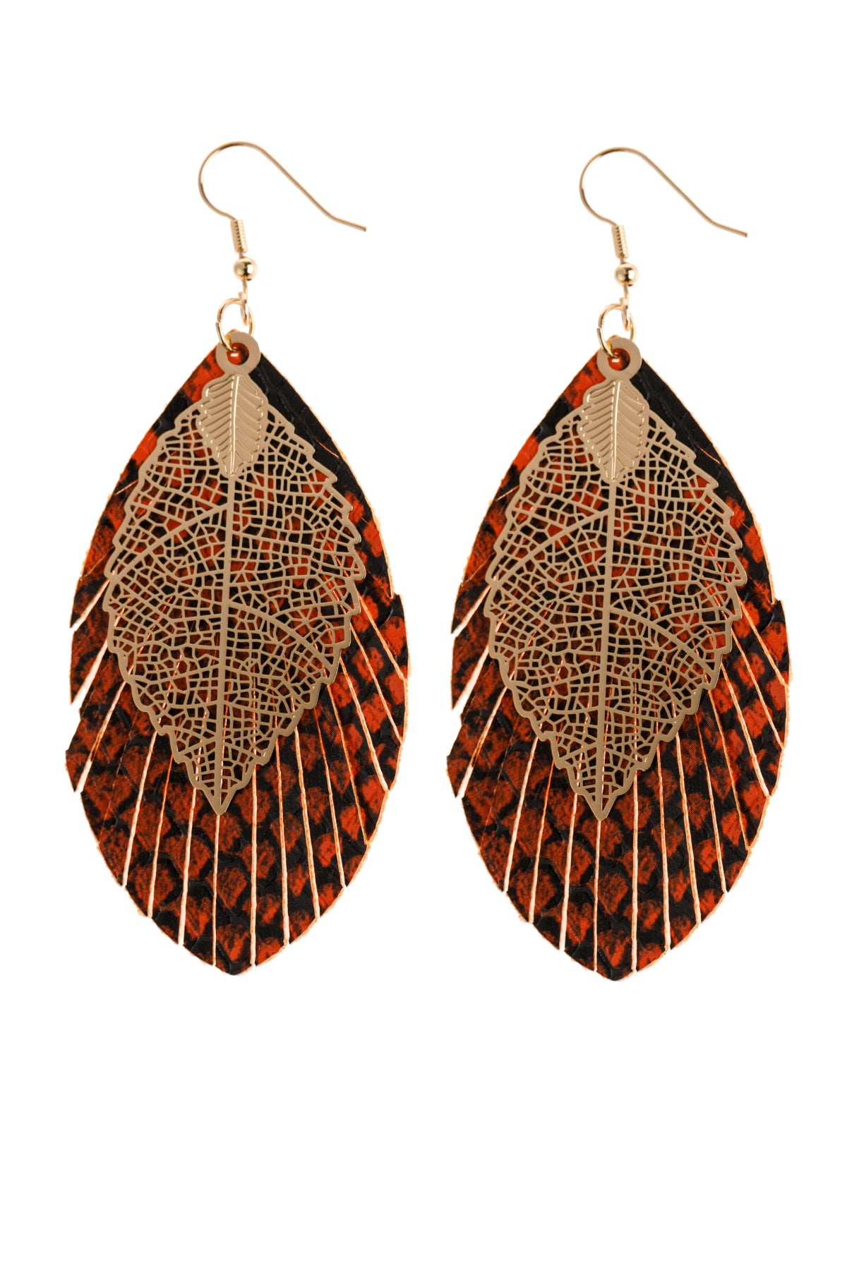 Orange Layered Fringe Leather Earrings