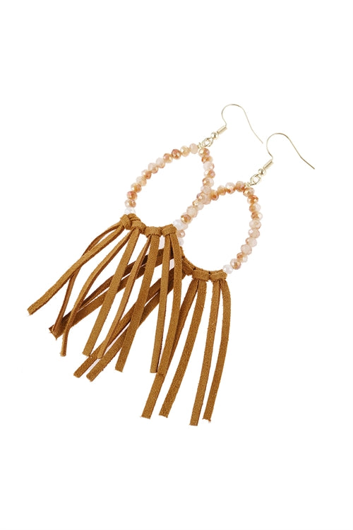 Light Brown Beads With Cloth Tassel Dangle Earrings