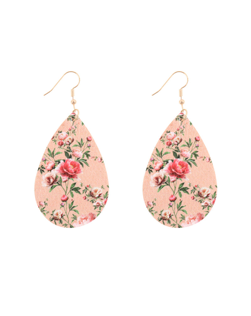 Floral Printed Pear Shape Earrings Dusty Pink
